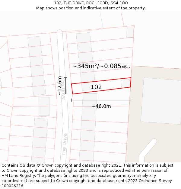 102, THE DRIVE, ROCHFORD, SS4 1QQ: Plot and title map