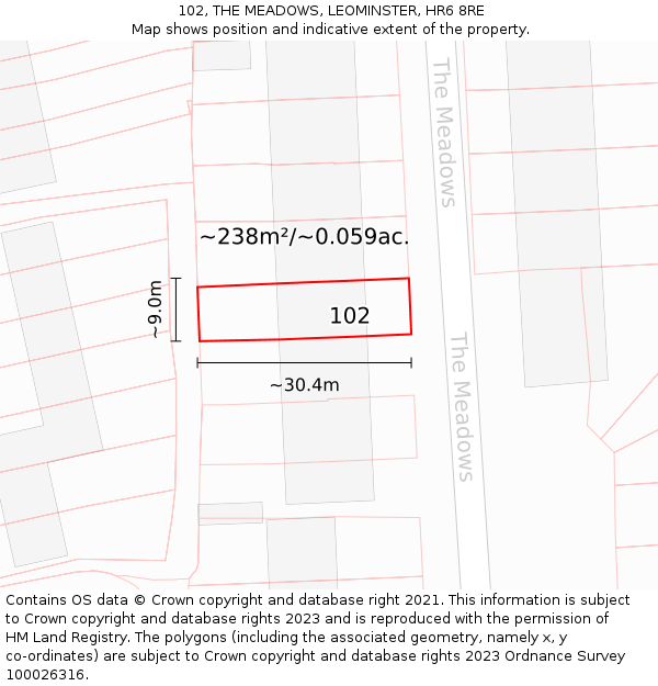 102, THE MEADOWS, LEOMINSTER, HR6 8RE: Plot and title map