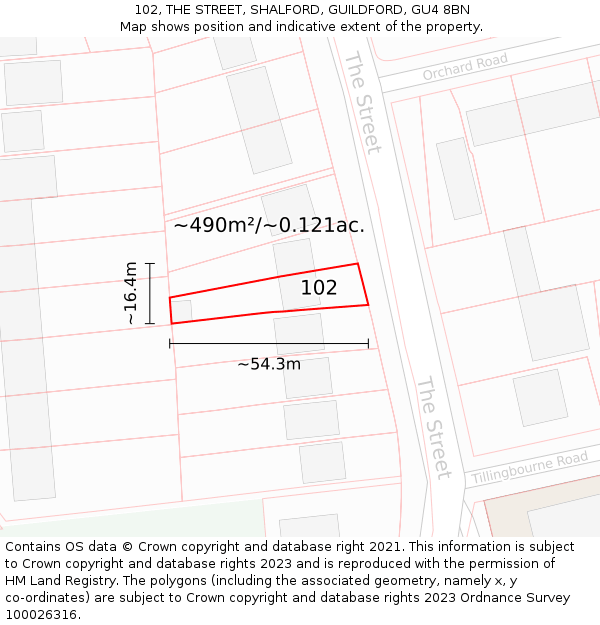 102, THE STREET, SHALFORD, GUILDFORD, GU4 8BN: Plot and title map