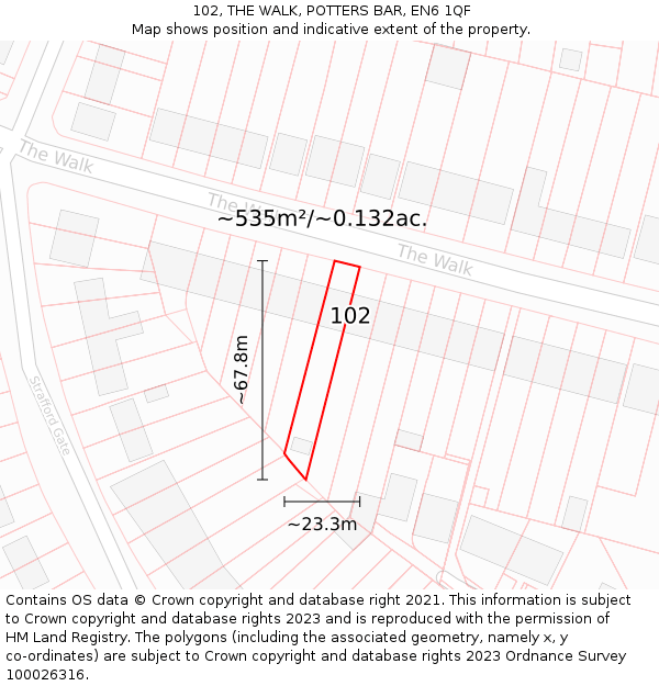 102, THE WALK, POTTERS BAR, EN6 1QF: Plot and title map