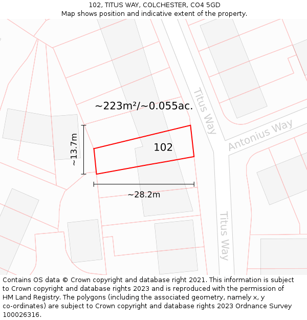 102, TITUS WAY, COLCHESTER, CO4 5GD: Plot and title map