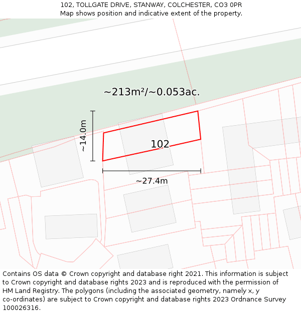 102, TOLLGATE DRIVE, STANWAY, COLCHESTER, CO3 0PR: Plot and title map