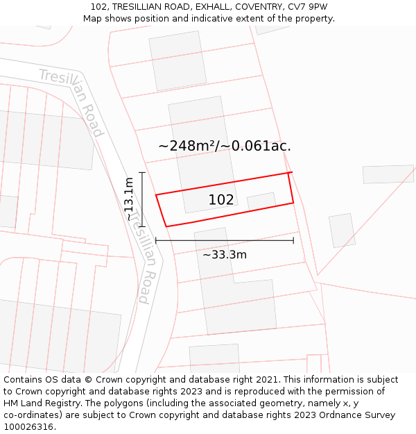 102, TRESILLIAN ROAD, EXHALL, COVENTRY, CV7 9PW: Plot and title map