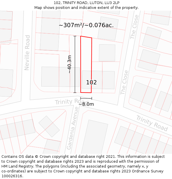 102, TRINITY ROAD, LUTON, LU3 2LP: Plot and title map