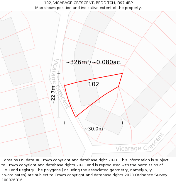 102, VICARAGE CRESCENT, REDDITCH, B97 4RP: Plot and title map