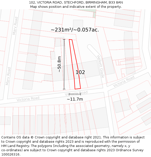 102, VICTORIA ROAD, STECHFORD, BIRMINGHAM, B33 8AN: Plot and title map