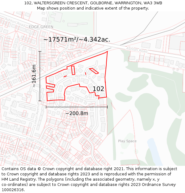 102, WALTERSGREEN CRESCENT, GOLBORNE, WARRINGTON, WA3 3WB: Plot and title map