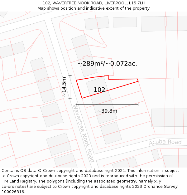 102, WAVERTREE NOOK ROAD, LIVERPOOL, L15 7LH: Plot and title map