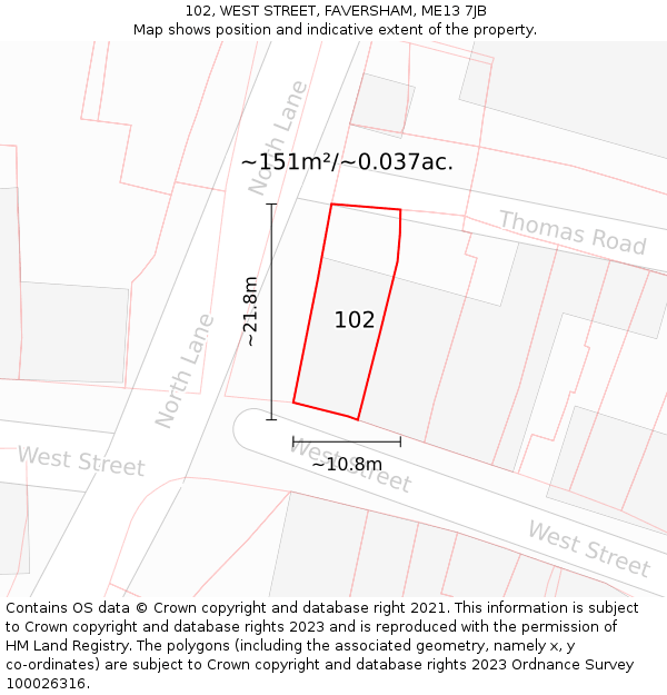 102, WEST STREET, FAVERSHAM, ME13 7JB: Plot and title map