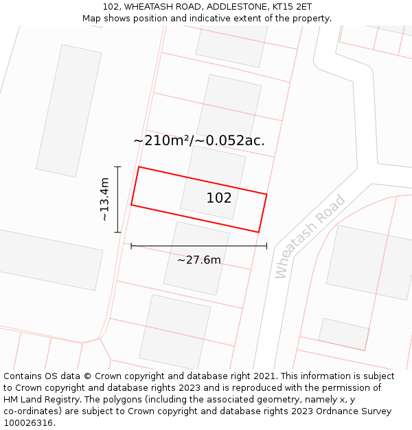 102, WHEATASH ROAD, ADDLESTONE, KT15 2ET: Plot and title map