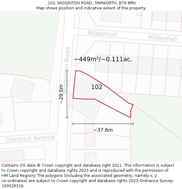 102, WIGGINTON ROAD, TAMWORTH, B79 8RN: Plot and title map