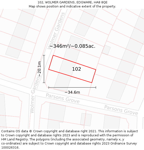 102, WOLMER GARDENS, EDGWARE, HA8 8QE: Plot and title map