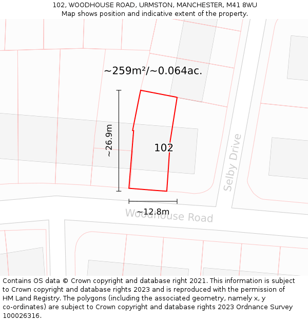 102, WOODHOUSE ROAD, URMSTON, MANCHESTER, M41 8WU: Plot and title map