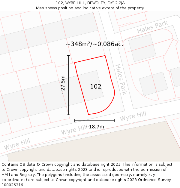 102, WYRE HILL, BEWDLEY, DY12 2JA: Plot and title map