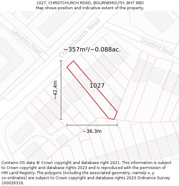 1027, CHRISTCHURCH ROAD, BOURNEMOUTH, BH7 6BD: Plot and title map