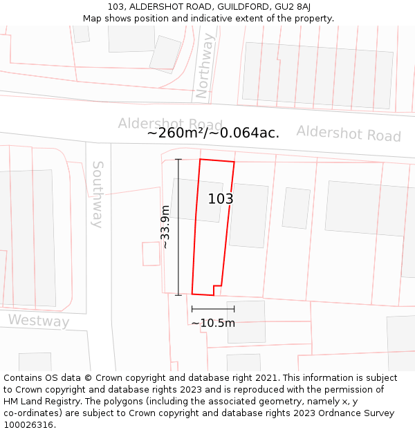 103, ALDERSHOT ROAD, GUILDFORD, GU2 8AJ: Plot and title map