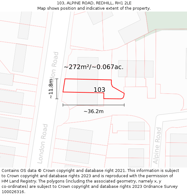 103, ALPINE ROAD, REDHILL, RH1 2LE: Plot and title map