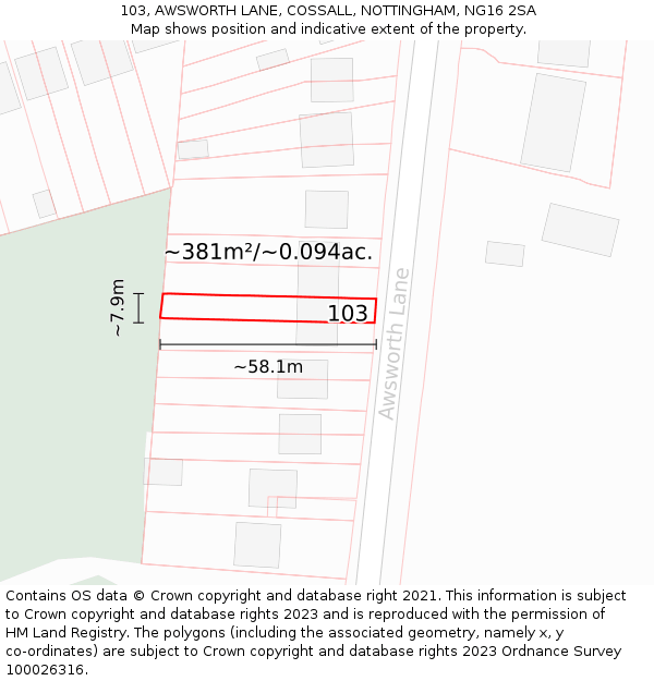 103, AWSWORTH LANE, COSSALL, NOTTINGHAM, NG16 2SA: Plot and title map