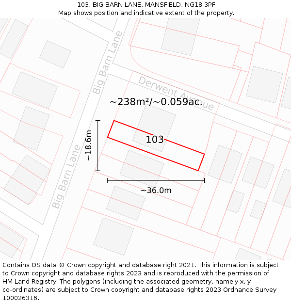 103, BIG BARN LANE, MANSFIELD, NG18 3PF: Plot and title map