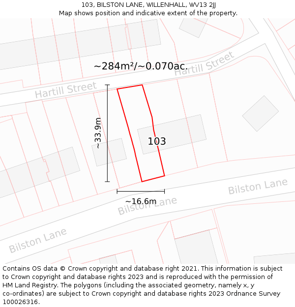 103, BILSTON LANE, WILLENHALL, WV13 2JJ: Plot and title map