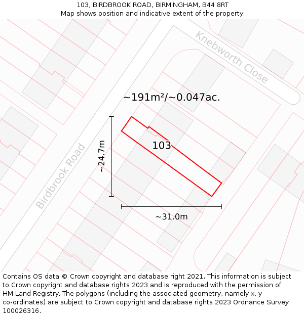 103, BIRDBROOK ROAD, BIRMINGHAM, B44 8RT: Plot and title map