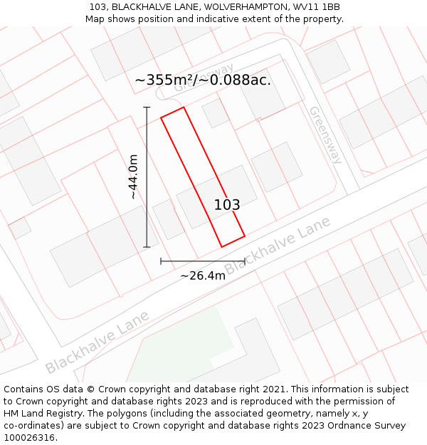 103, BLACKHALVE LANE, WOLVERHAMPTON, WV11 1BB: Plot and title map