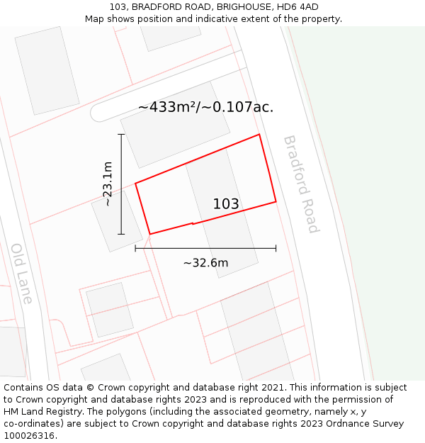 103, BRADFORD ROAD, BRIGHOUSE, HD6 4AD: Plot and title map