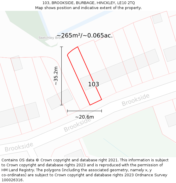 103, BROOKSIDE, BURBAGE, HINCKLEY, LE10 2TQ: Plot and title map