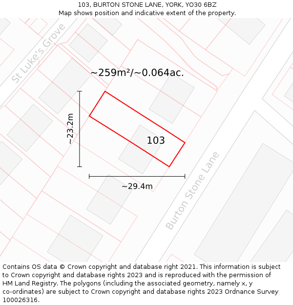 103, BURTON STONE LANE, YORK, YO30 6BZ: Plot and title map