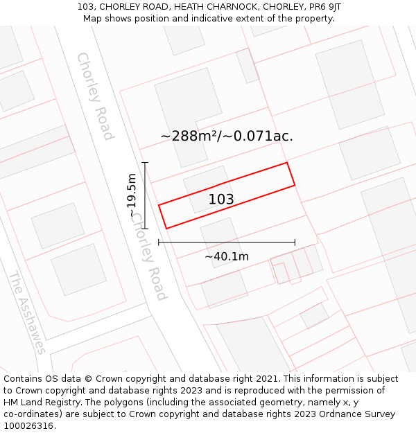 103, CHORLEY ROAD, HEATH CHARNOCK, CHORLEY, PR6 9JT: Plot and title map