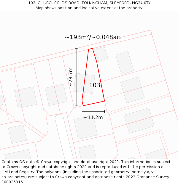 103, CHURCHFIELDS ROAD, FOLKINGHAM, SLEAFORD, NG34 0TY: Plot and title map