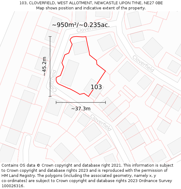 103, CLOVERFIELD, WEST ALLOTMENT, NEWCASTLE UPON TYNE, NE27 0BE: Plot and title map