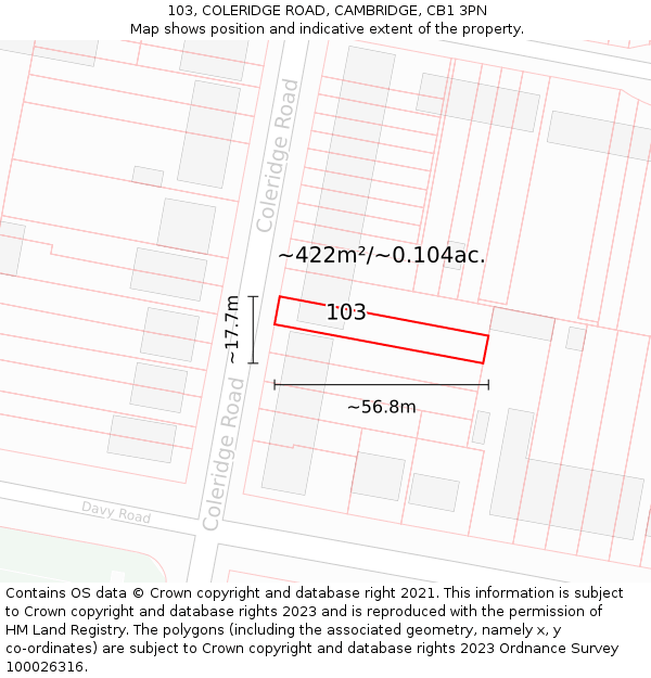 103, COLERIDGE ROAD, CAMBRIDGE, CB1 3PN: Plot and title map