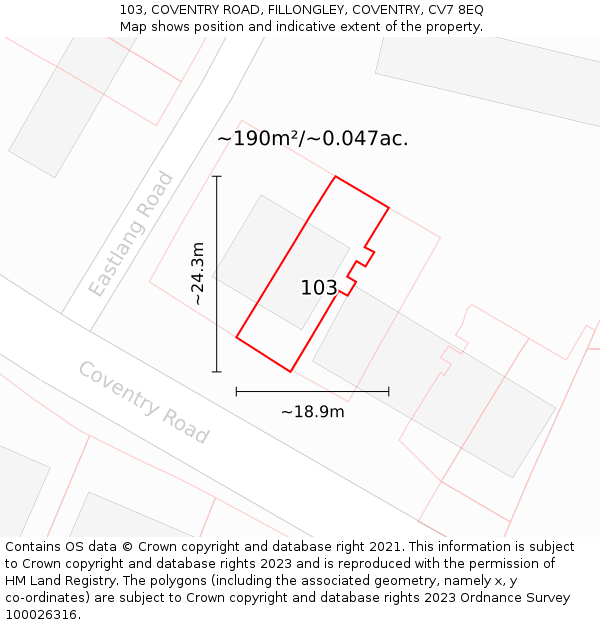 103, COVENTRY ROAD, FILLONGLEY, COVENTRY, CV7 8EQ: Plot and title map