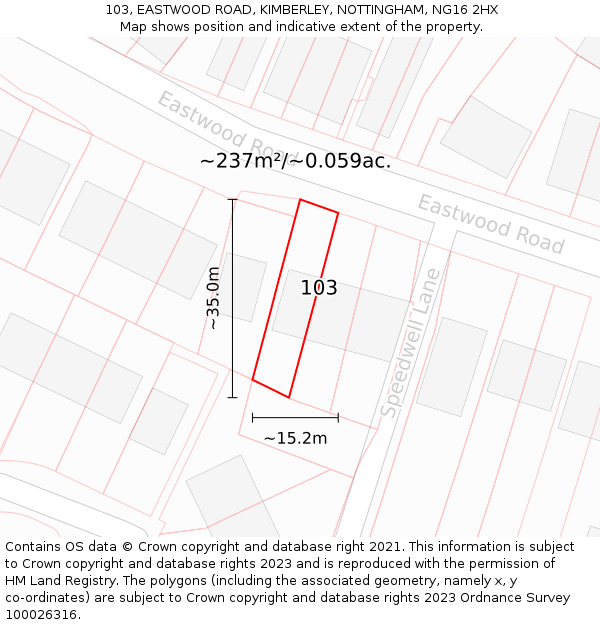 103, EASTWOOD ROAD, KIMBERLEY, NOTTINGHAM, NG16 2HX: Plot and title map