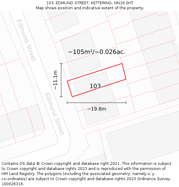 103, EDMUND STREET, KETTERING, NN16 0HT: Plot and title map