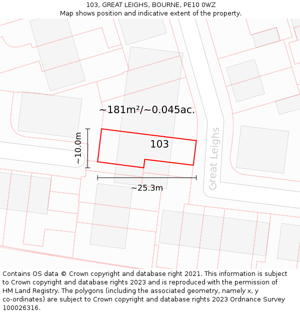 103, GREAT LEIGHS, BOURNE, PE10 0WZ: Plot and title map