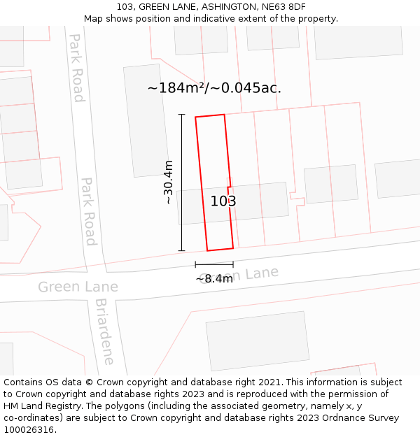 103, GREEN LANE, ASHINGTON, NE63 8DF: Plot and title map