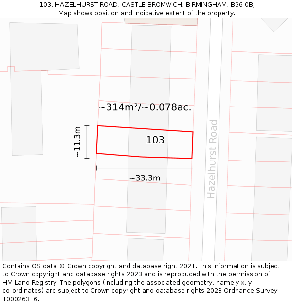 103, HAZELHURST ROAD, CASTLE BROMWICH, BIRMINGHAM, B36 0BJ: Plot and title map