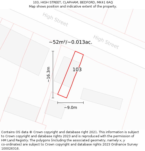 103, HIGH STREET, CLAPHAM, BEDFORD, MK41 6AQ: Plot and title map