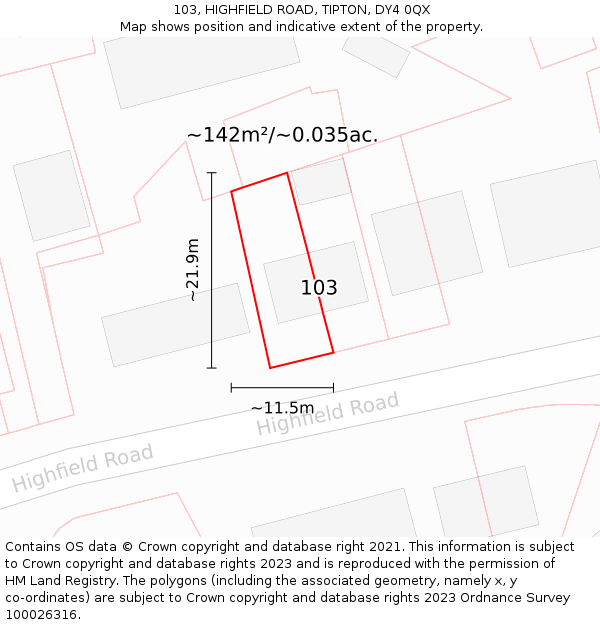 103, HIGHFIELD ROAD, TIPTON, DY4 0QX: Plot and title map