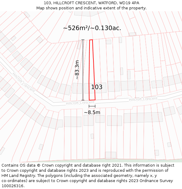 103, HILLCROFT CRESCENT, WATFORD, WD19 4PA: Plot and title map