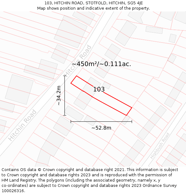 103, HITCHIN ROAD, STOTFOLD, HITCHIN, SG5 4JE: Plot and title map