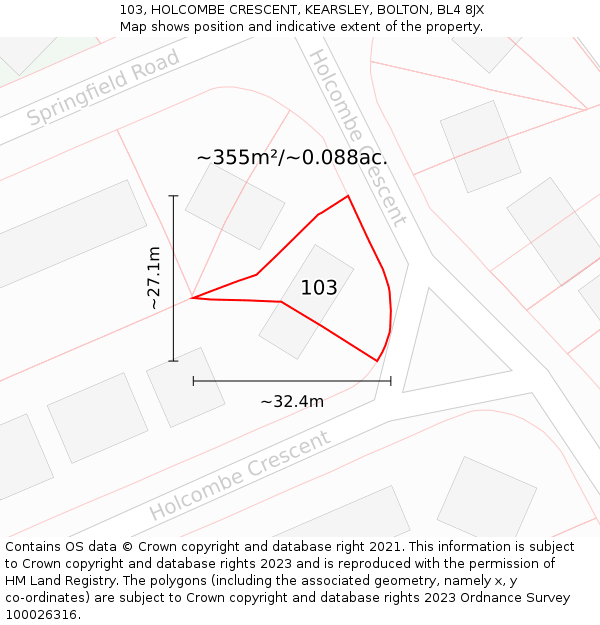 103, HOLCOMBE CRESCENT, KEARSLEY, BOLTON, BL4 8JX: Plot and title map