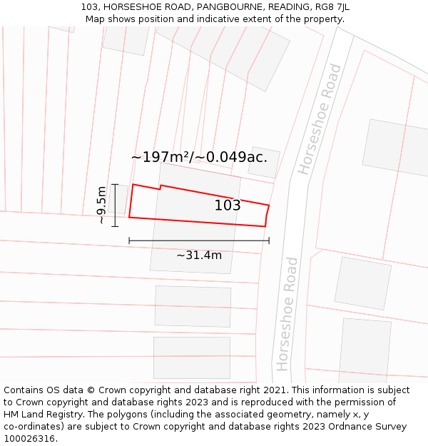 103, HORSESHOE ROAD, PANGBOURNE, READING, RG8 7JL: Plot and title map