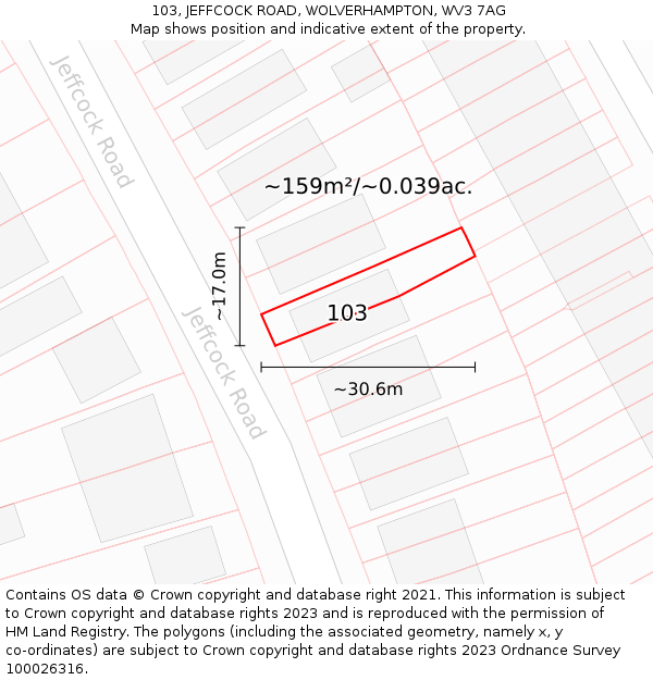 103, JEFFCOCK ROAD, WOLVERHAMPTON, WV3 7AG: Plot and title map