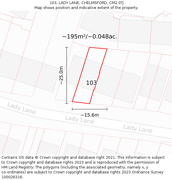 103, LADY LANE, CHELMSFORD, CM2 0TJ: Plot and title map