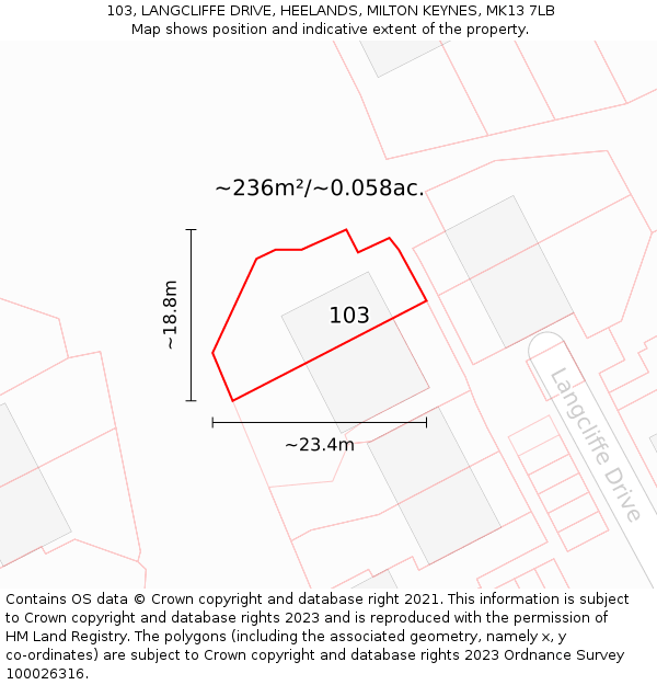 103, LANGCLIFFE DRIVE, HEELANDS, MILTON KEYNES, MK13 7LB: Plot and title map