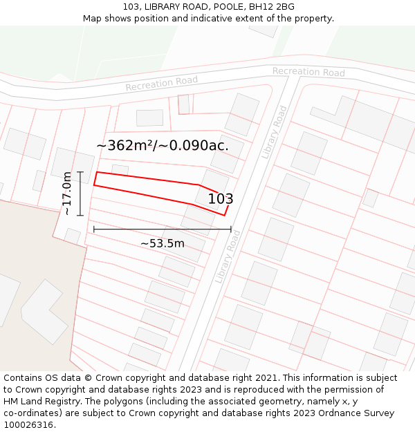 103, LIBRARY ROAD, POOLE, BH12 2BG: Plot and title map