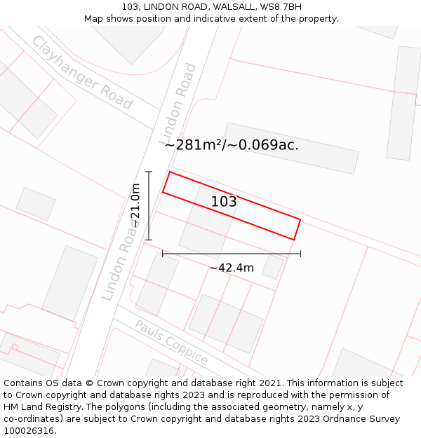 103, LINDON ROAD, WALSALL, WS8 7BH: Plot and title map